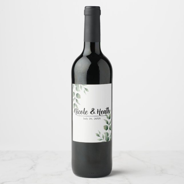 Minimal Greenery Blätter Moderne Weiße Hochzeit Weinetikett (Vorderseite)