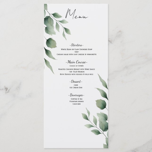 Minimal Greenery Blätter Modernes White Wedding Me Menükarte (Vorderseite)
