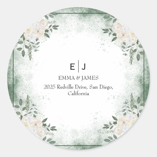 Minimal Greenery Monogram Round Aufkleber (Vorderseite)