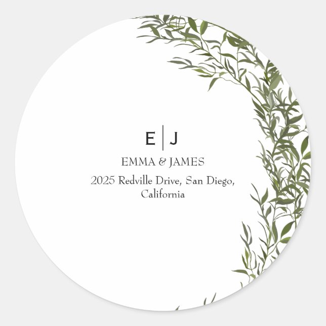 Minimal Greenery Monogram Round Aufkleber (Vorderseite)
