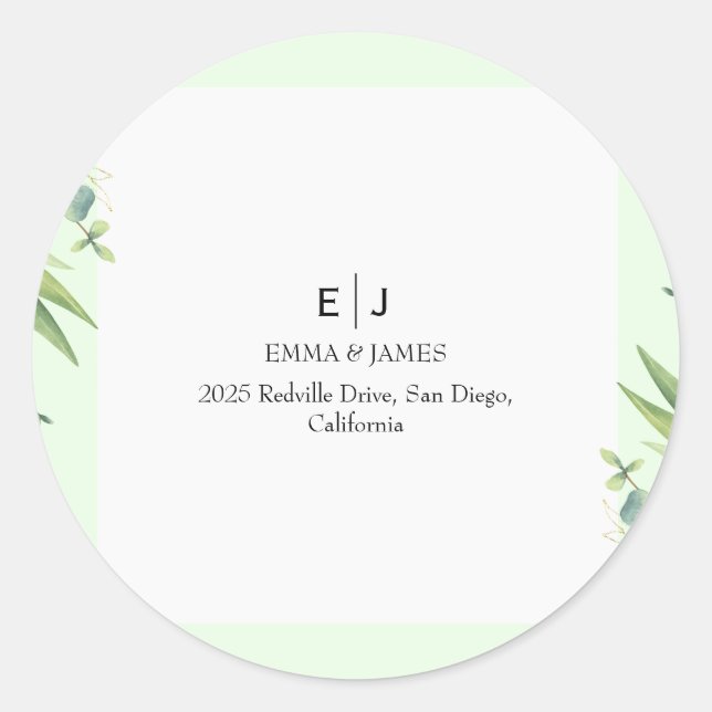 Minimal Greenery Monogram Round Aufkleber (Vorderseite)