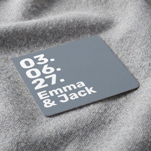 Minimal grey bold modern wedding date and names rechteckiger pappuntersetzer (Minimal grey bold modern wedding date and names square paper coaster)