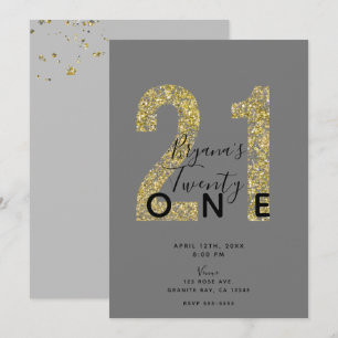 Minimal Grey Gold Flakes 21 Glitter 21. Geburtstag Einladung
