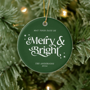 Minimal Grün Merry & Bright Foto Weihnachten Keramik Ornament