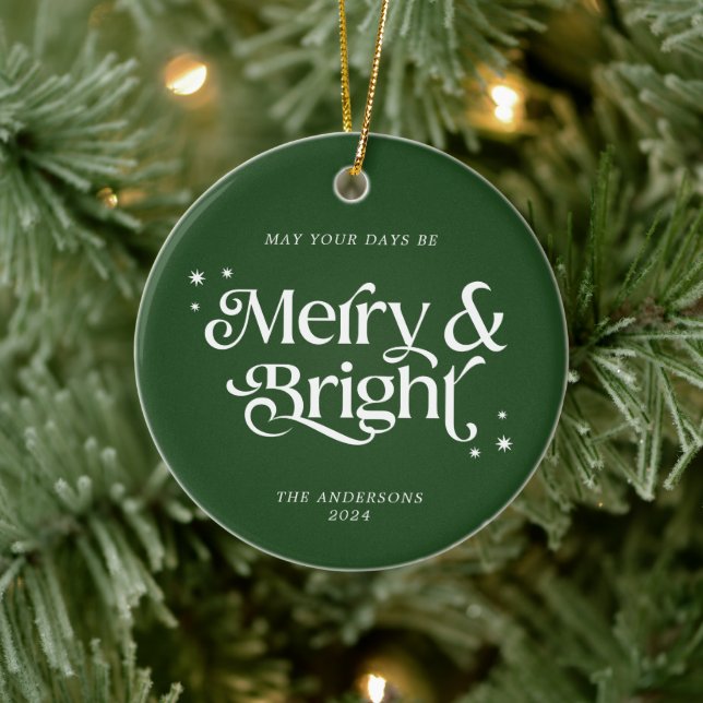 Minimal Grün Merry & Bright Foto Weihnachten Keramik Ornament (Baum)