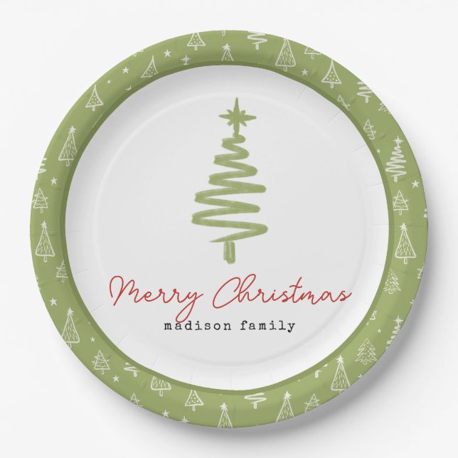 Minimal Grün & Roter Weihnachtsbaum Familienurlaub Pappteller (Vorderseite)