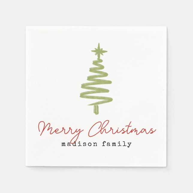 Minimal Grün & Roter Weihnachtsbaum Familienurlaub Serviette (Vorderseite)