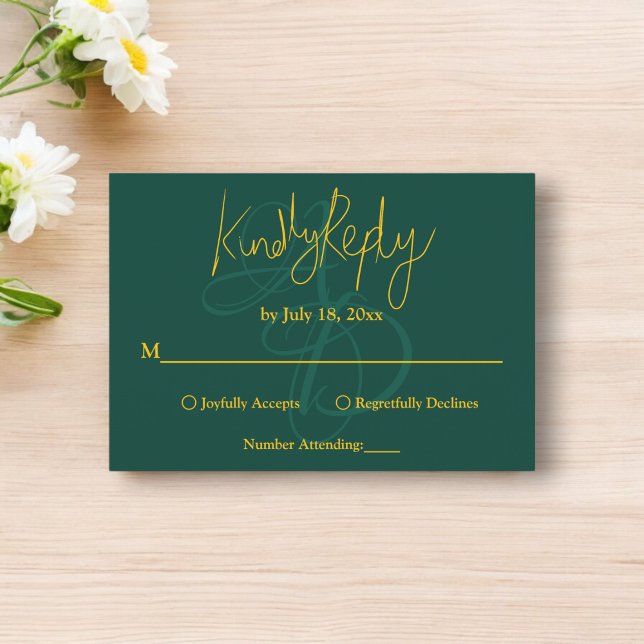 Minimal Grün und Gold Monogram Elegant Wedding RSVP Karte (Von Creator hochgeladen)