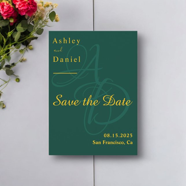 Minimal Grün und Gold Monogram Elegant Wedding Save The Date (Von Creator hochgeladen)