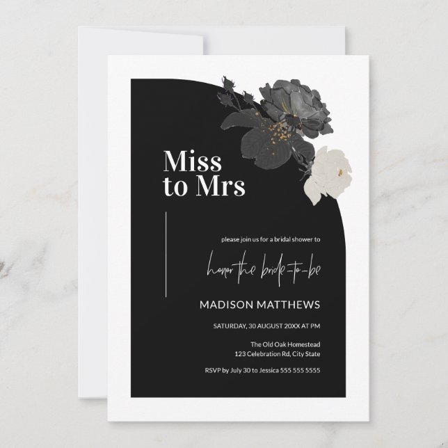 Minimal Half Arch Miss zu Frau Black Floral Bridal Einladung (Vorderseite)