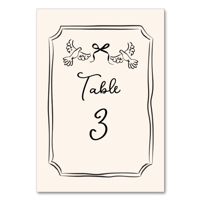 Minimal Hand-Drawn Doves Wedding Table Number Card Tischnummer (Vorderseite)