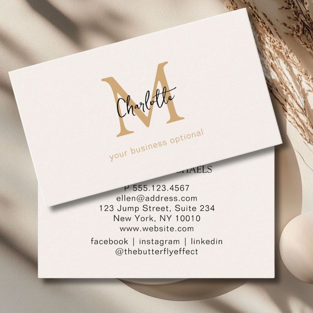 Minimal, Handschrift, beige Visitenkarte (Minimal, Monogram, Handwriting, Beige Business Card)