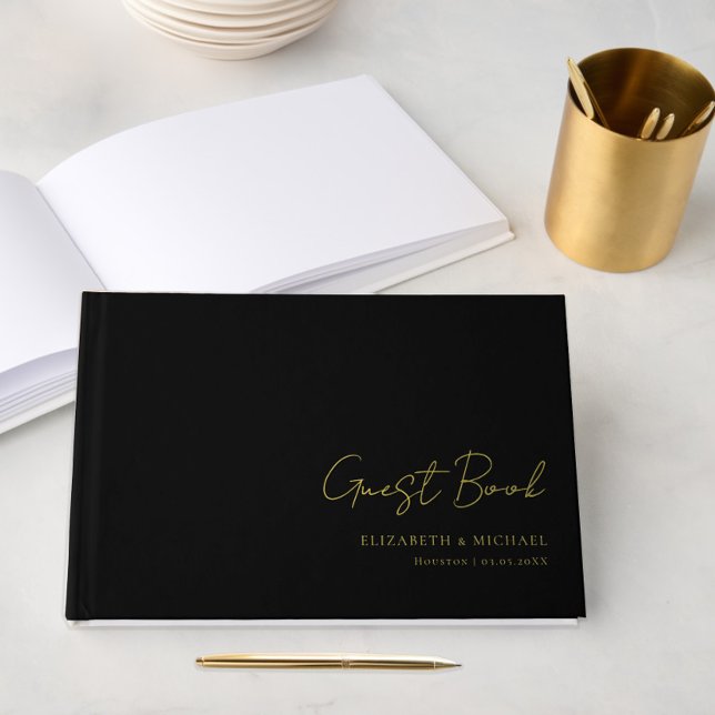 Minimal, Handschrift, Foil, Black, Wedding Gästebuch (Von Creator hochgeladen)