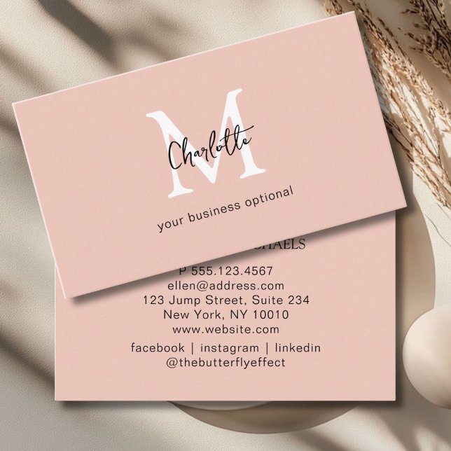 Minimal, Handschrift, hellbraune Visitenkarte (Minimal, Monogram, Handwriting, Beige Business Card)