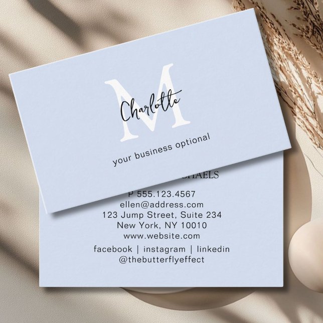 Minimal, Handschrift, Leuchtblume Visitenkarte (Minimal, Monogram, Handwriting, Lightblue Business Card)