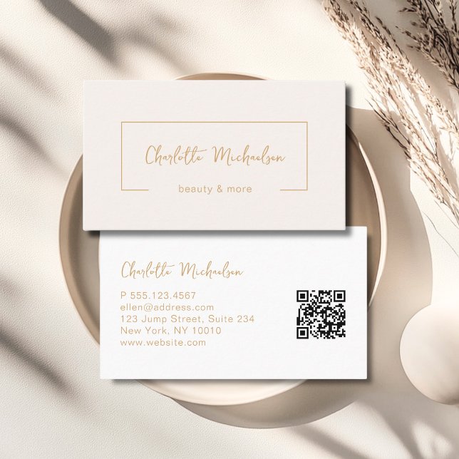 Minimal Handwriting Beige QR Code Visitenkarte (Minimal Handwriting Beige QR Code Business Card)