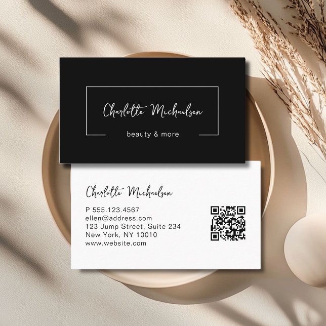 Minimal Handwriting Black QR Code Visitenkarte (Minimal Handwriting Black QR Code Business Card)