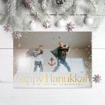 Minimal Happy Hanukkah Holiday Foto Golden Foil Folien Feiertagskarte<br><div class="desc">Die reale Goldfolie ist hier; für die Grafik und den bearbeitbaren Text können Sie aus Gold,  Rose,  Gold oder Silberfolie wählen. Fügen Sie auf Wunsch eine Nachricht oder mehrere Fotos auf die Rückseite.</div>