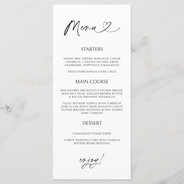 Minimal Heart Menu Card Reception Formal Dinner  Menükarte (Vorderseite)