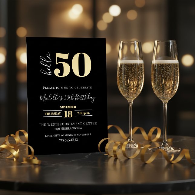 Minimal Hello 50 Script 50th Birthday Black Gold  Folieneinladung (Von Creator hochgeladen)