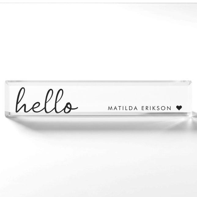 Minimal Hello | Modernes Herz sauber, einfach weiß Namensplakette (Vorderseite)