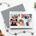 Minimal Holiday Foto Collage | Black Gingham Feiertagskarte<br><div class="desc">Diese stilvolle und elegante Urlaubskarte enthält fünf Ihrer persönlichen Fotos mit einem einfachen Schreibmaschinenaussehtext. Die Rückseite weist ein Vintages schwarzes Gingham-Muster auf.</div>