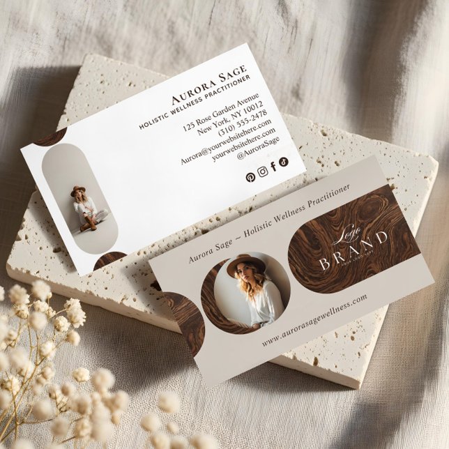 Minimal Holistic Celestial Moon Photo Woodgrain Visitenkarte (Minimal Holistic Celestial Moon Photo Woodgrain Business Card)