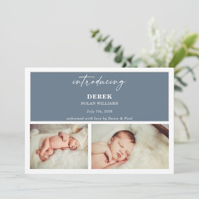 Minimal Introducing Photo Baby Announcement Card Einladung (Stehend Vorderseite)