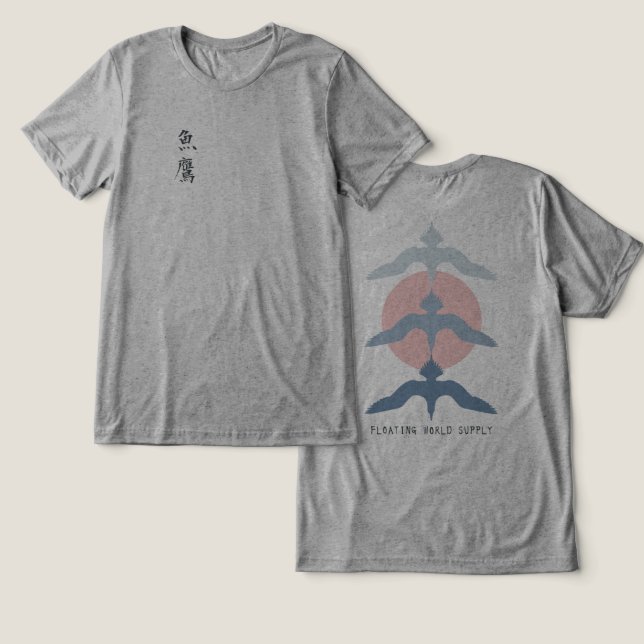 Minimal Japanese Fish Hawk Ukiyo-e Style Gray Tri-Blend Shirt (Design Vorderseite & Rückseite)
