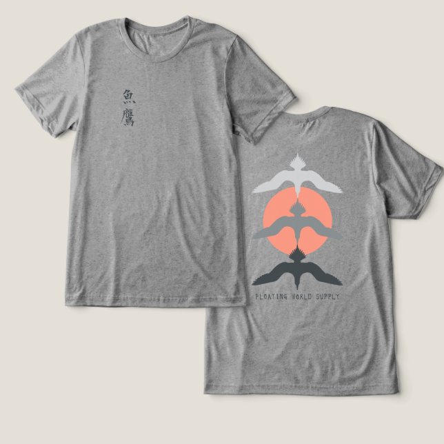 Minimal Japanese Fish Hawk Ukiyo-e Style Gray Tri-Blend Shirt (Design Vorderseite & Rückseite)