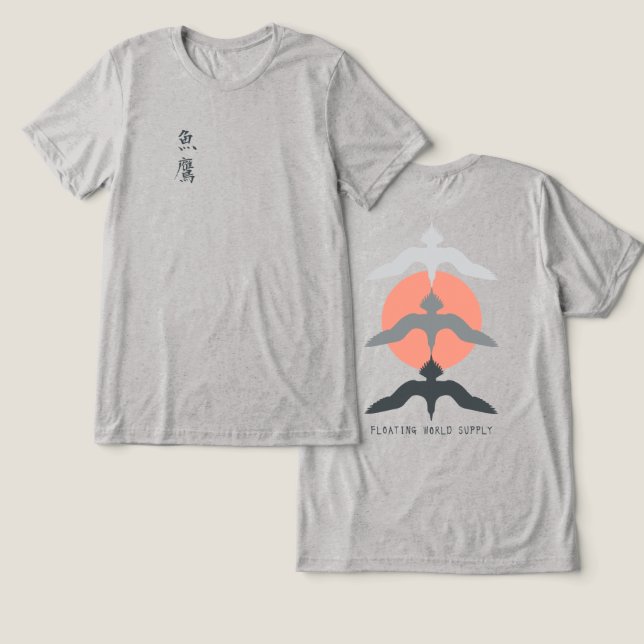 Minimal Japanese Fish Hawk Ukiyo-e Style Gray Tri-Blend Shirt (Design Vorderseite & Rückseite)