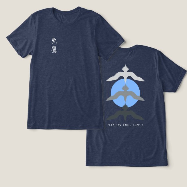 Minimal Japanese Fish Hawk Ukiyo-e Style Navy Tri-Blend Shirt (Design Vorderseite & Rückseite)