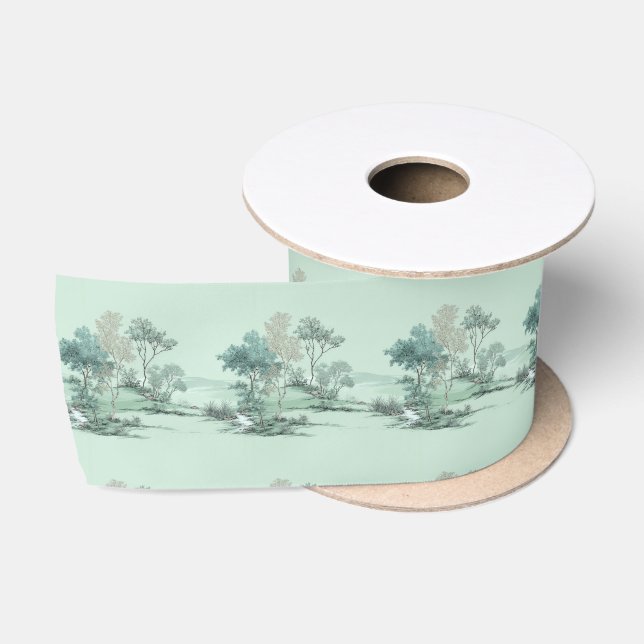Minimal Japanese Landscape Trees Soft Green Water Satinband (Spule)
