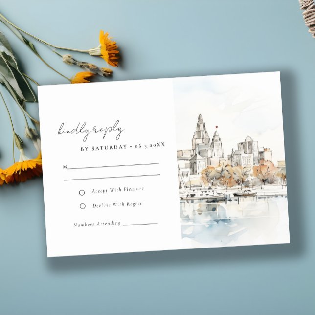 Minimal Kansas City Missouri Wassercolour Wedding RSVP Karte (Von Creator hochgeladen)