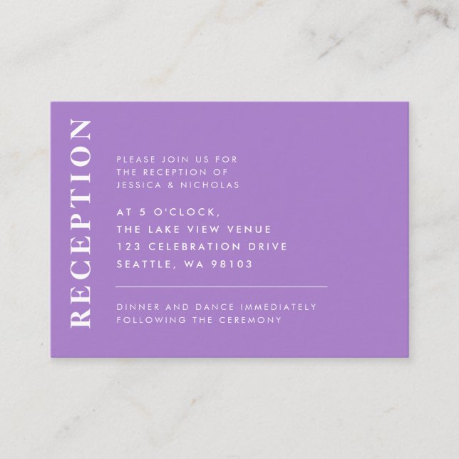 Minimal Lavender Moderne Hochzeitsempfang Begleitkarte (Vorderseite)