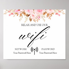 Minimal Leaf Boho Floral Wedding Wifi Poster