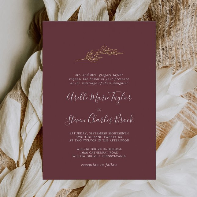 Minimal Leaf Burgund und Gold Foil Formal Hochzeit Folieneinladung (Von Creator hochgeladen)
