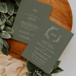 Minimal Leaf | Dark Green All In One Wedding Einladung<br><div class="desc">This minimal leaf dark green all in one wedding invitation is perfect for a boho wedding. The design features a simple greenery leaf silhouette in olive green with minimalist mountain bohemian style. Personalize with the first initials of the couple. Save paper by including the details on the back of the...</div>