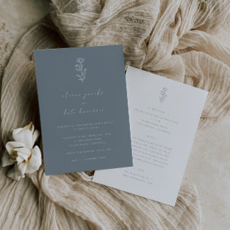 Minimal Leaf Dusty Blue White Front & Back Wedding Einladung
