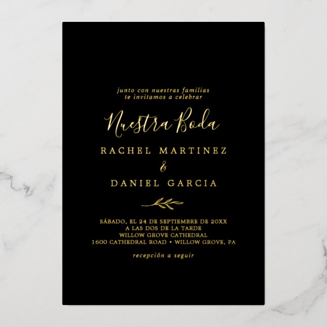 Minimal Leaf Gold Foil Black Folieneinladung (Vorderseite)