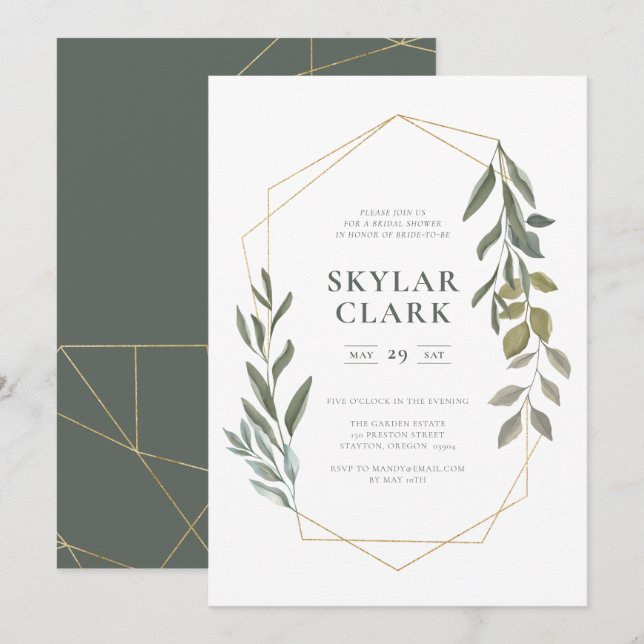 Minimal Leaf Greenery & Gold Geometric Terrarium Einladung (Vorne/Hinten)