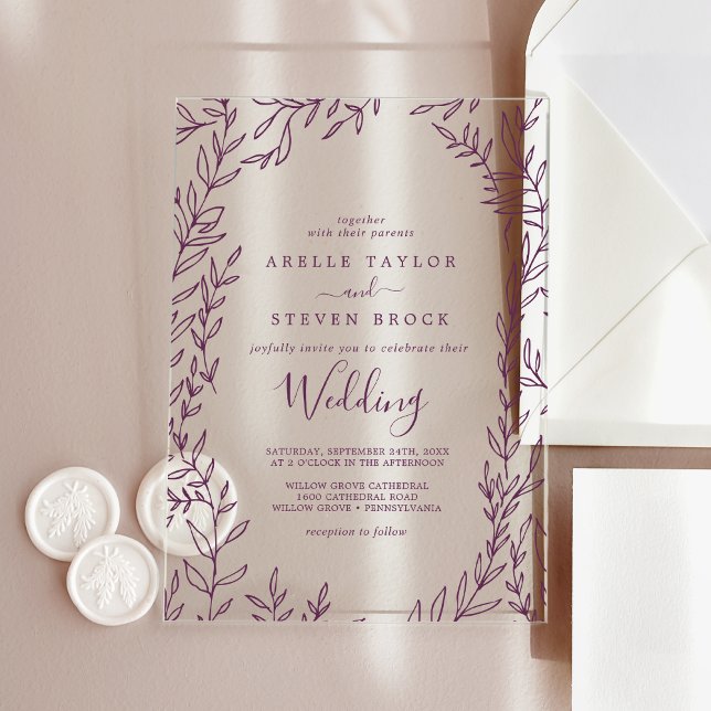 Minimal Leaf Grüne Weinroute Mendrisiotto Acryleinladungen (Minimal Leaf Eggplant Greenery Elegant Wedding Acrylic Invitations)