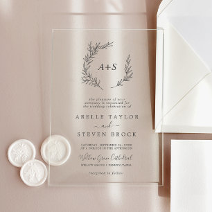 Minimal Leaf Monogram Greenery Boho Moderne Hochze Acryleinladungen