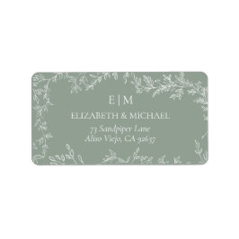 Minimal Leaf Sage Green Monogram Wedding Address Adressaufkleber