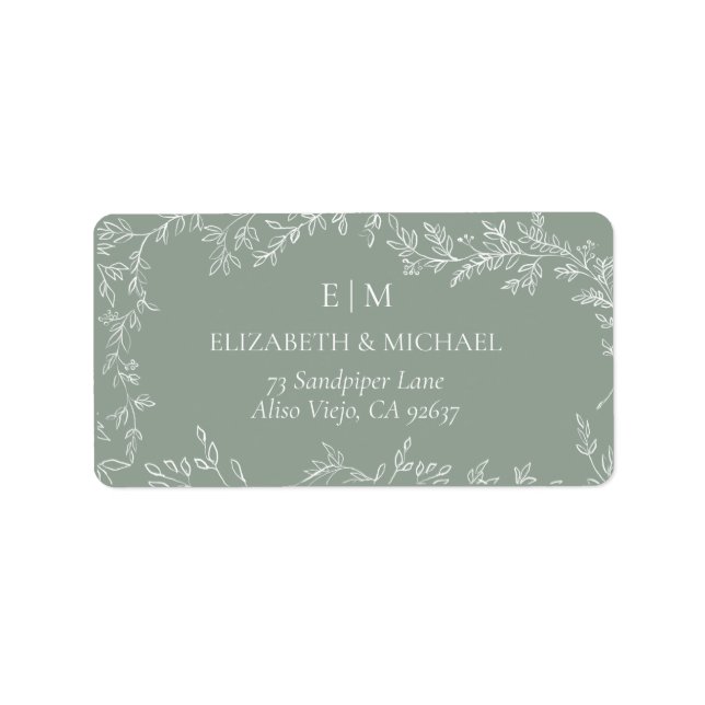 Minimal Leaf Sage Green Monogram Wedding Address Adressaufkleber (Vorne)