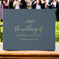 Minimal Leaf Slate Blue Gold Foil Monogram Wedding