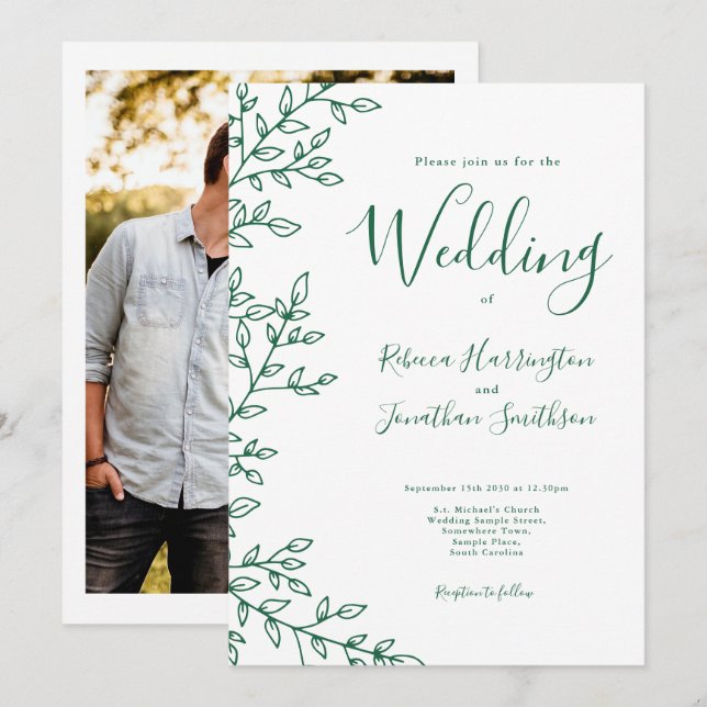 Minimal Leaf White Emerald Green Foto Hochzeit Einladung (Vorne/Hinten)