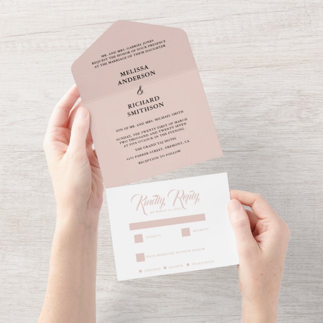 Minimal leicht rot und schwarz Hochzeit All In One Einladung (Abreißen)