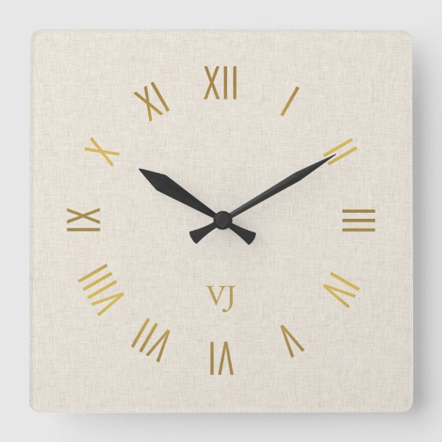 Minimal leichte Creme Leinen Gold römische Zahlen Quadratische Wanduhr (Vorderseite)
