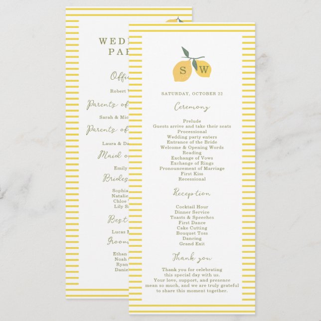 Minimal Lemon Amalfi Coast Wedding Program Card Einladung (Vorne/Hinten)